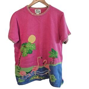 Vintage The Cracker Factory Sweater Womens Lg Pink Flamingo Birds Knit Whimsical